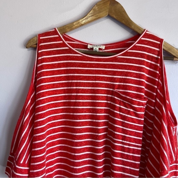 UMGEE Red Striped Cold Shoulder Lace Tunic Blouse Shirt Swim Coverup Pockets M - Picture 5 of 14